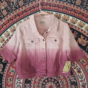One World Pink Ombre Cropped Short Sleeve Button-Up Denim Trucker Jacket
